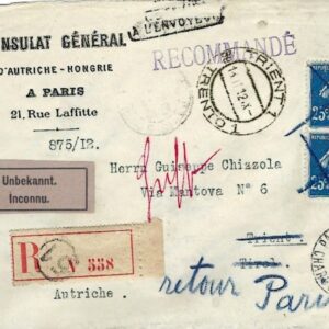1912 Austria incoming Consulate Registered cover from Paris