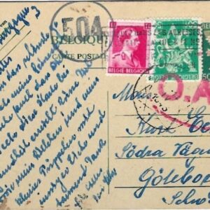 1945 Belgium uprated 50c OAT card to Sweden