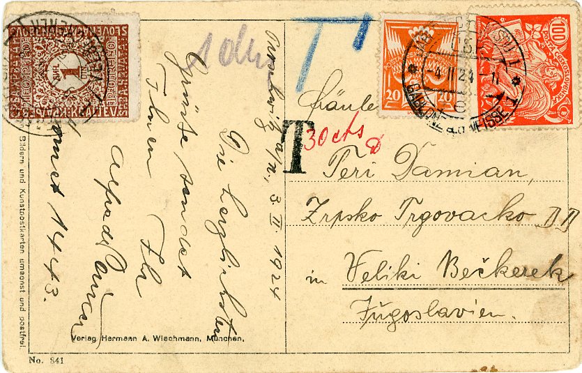 1924 Czechia Jablonec nad Nisou Postage Due at Veliki Beckerek